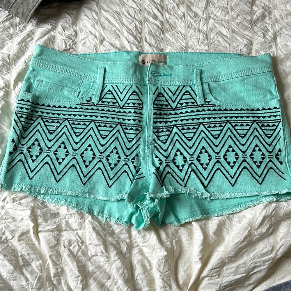 Roxy Blue and Black Jean Shorts with Geometric Pattern